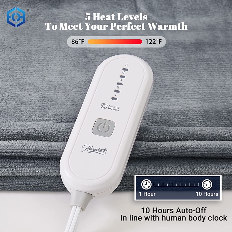 Electric Heated Blanket Dual Controller King Size 100"x 90" Grey,5 Heating Levels Fast Heating,10 Hours Auto Off, Heat Blanket Over-Heated Protection Double Soft Flannel,ETL Certified