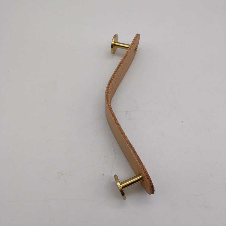 Brown Leather Handle Brass Pull Handle in Gold for Wardrobe Cabinet