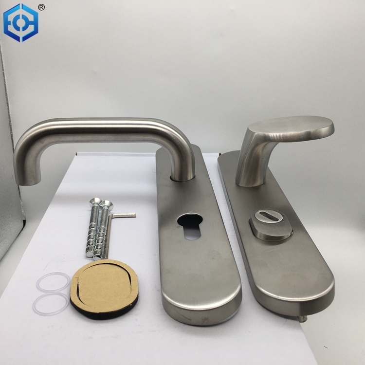 Satin Stainless Steel Door Handles with Solid Cylinder Hole on Backplate