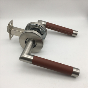 Stainless Steel Brown Leather And Stain Nickel Lever on Rose Door Handles