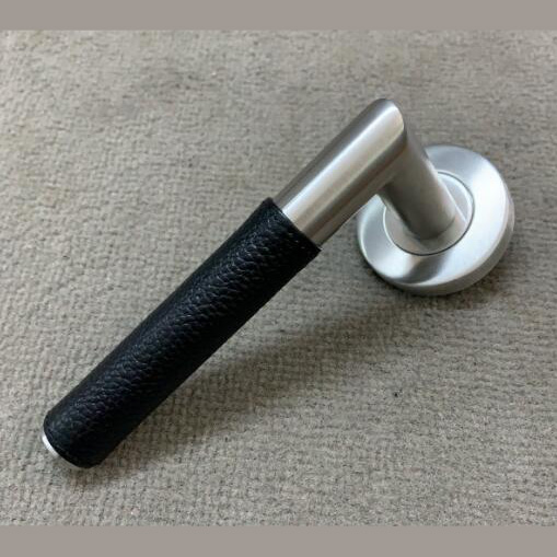 Stainless Steel Black Leather And Stain Nickel Lever on Rose Diy Leather Pulls Door Handles