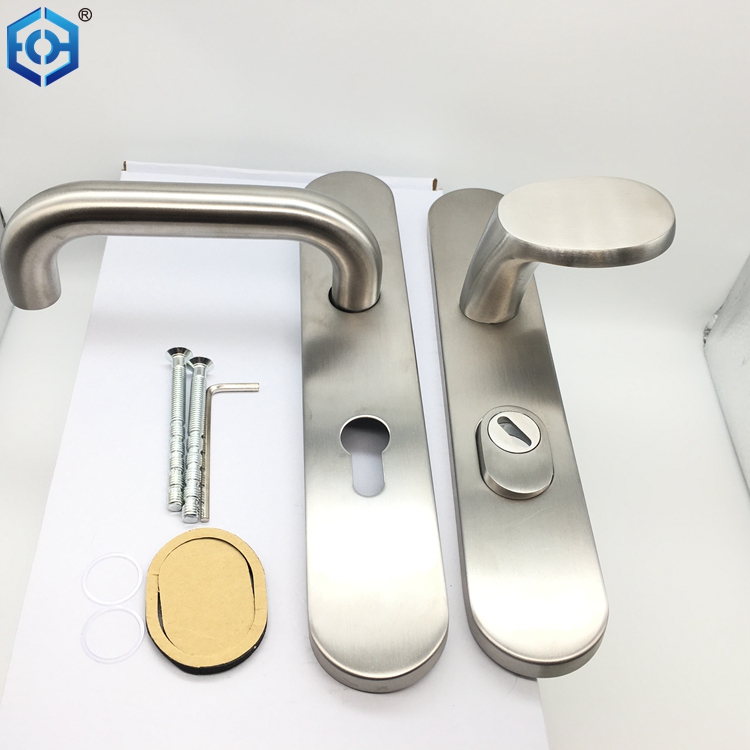 Satin Stainless Steel Door Handles with Solid Cylinder Hole on Backplate